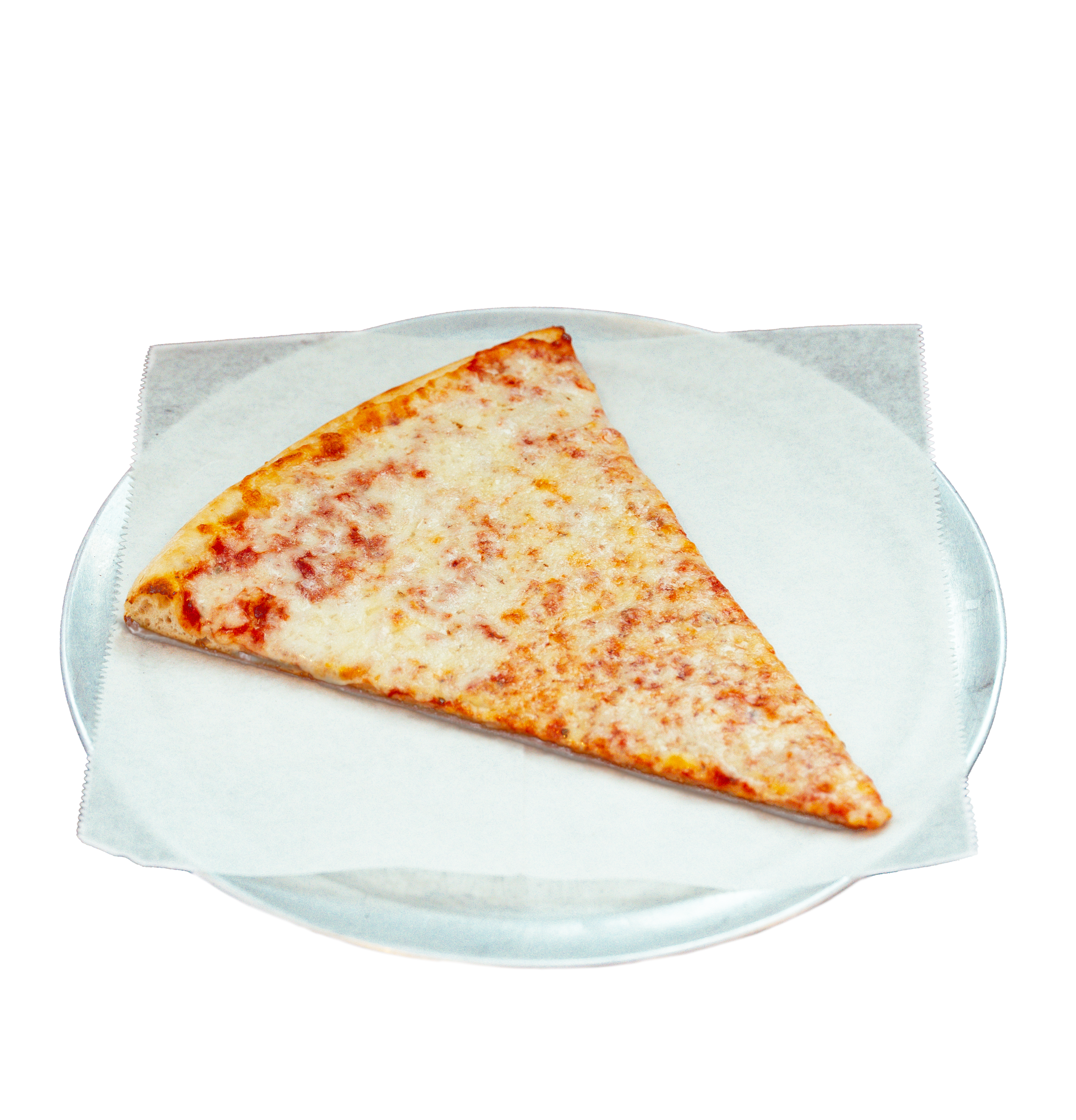 A cheese pizza slice on a silver pizza pan with parchment paper.