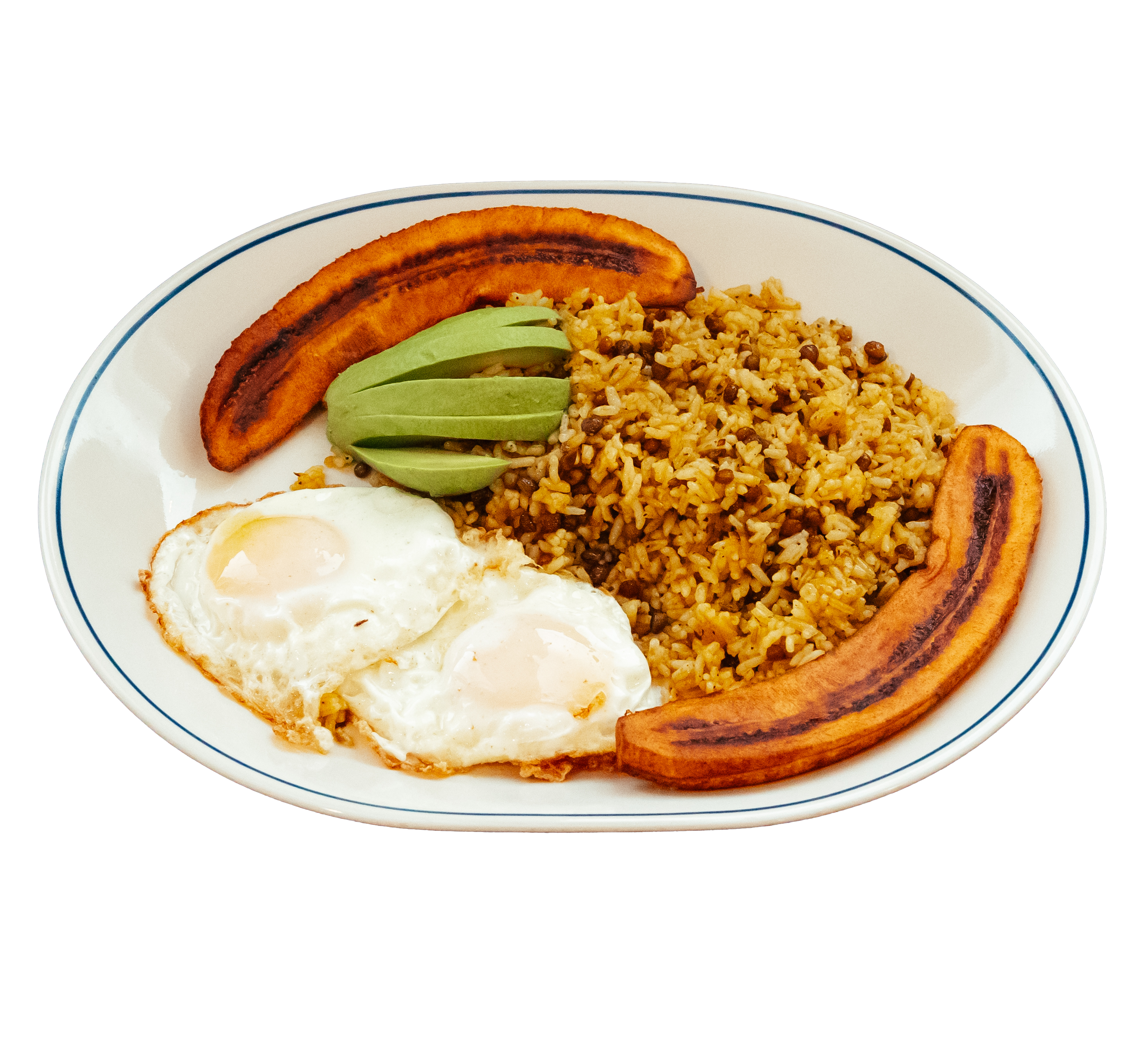 The Ecuadorian breakfast that includes two fried eggs, fried rice with lentils, avocado, and fried plantains.