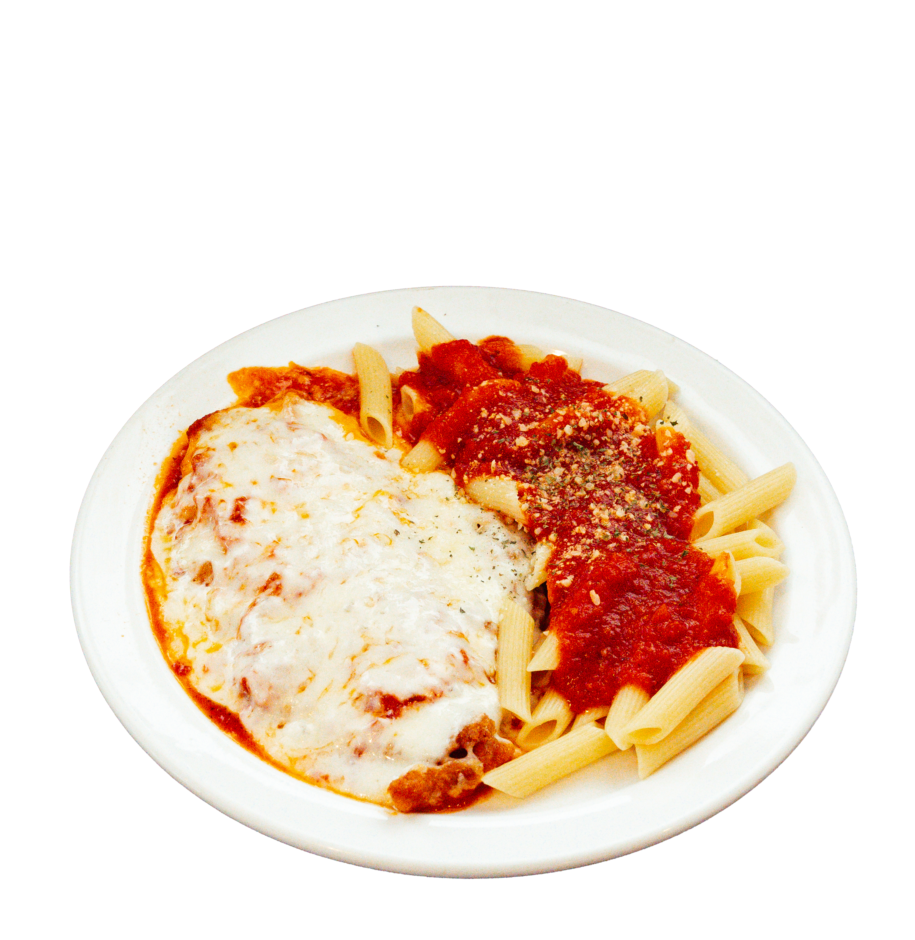 Chicken parmigiana on a plate with penne pasta topped with marinara sauce.